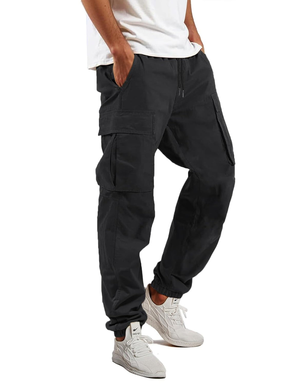 LYRXXX Pantalones Cargo para Hombre, Pantalones Casuales de Trabajo con Cordón, Algodón, para Senderismo, Joggers, Sudaderas para Hombres en Negro