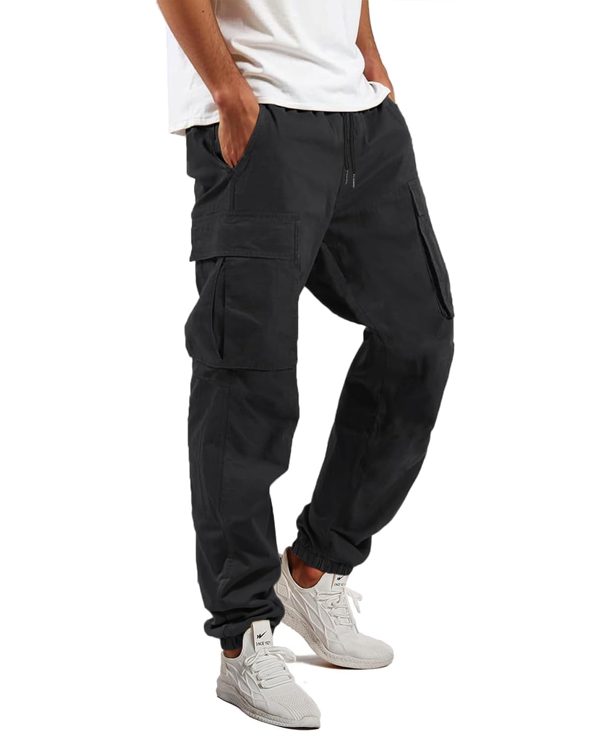 LYRXXX Pantalones Cargo para Hombre, Pantalones Casuales de Trabajo con Cordón, Algodón, para Senderismo, Joggers, Sudaderas para Hombres en Negro