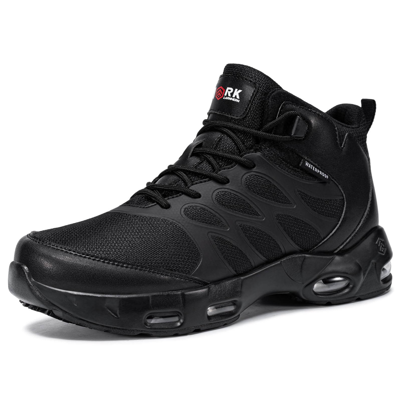 LARNMERN Botas Antideslizantes para Hombre, Zapatos Impermeables de Malla Transpirable para Servicio en Restaurantes, Botas de Trabajo Resistentes al Deslizamiento, Zapatos de Chef Casual de Tobillo para Senderismo (Negro9.5)